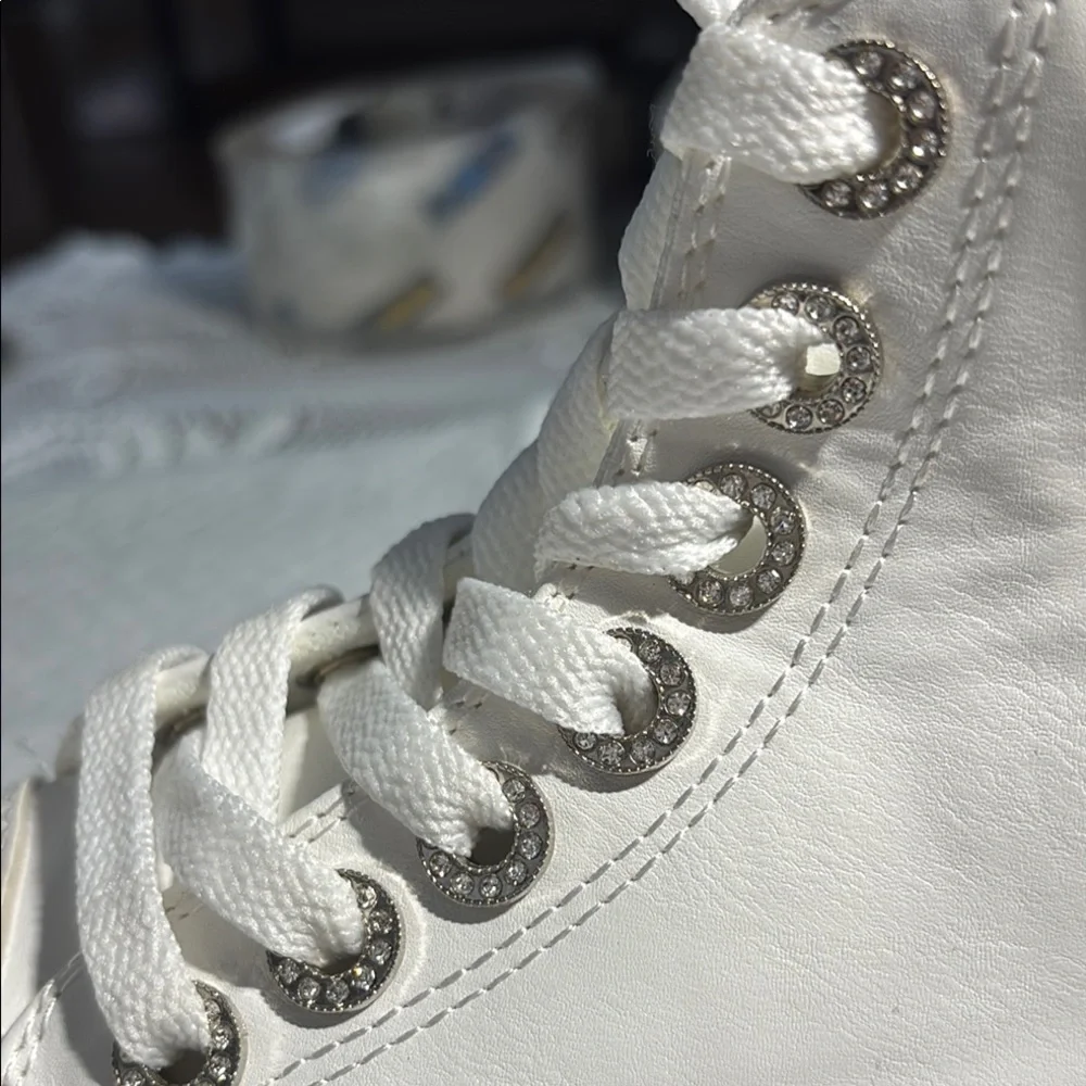 White Lace Up Boots with Textured Canvas and Rubber Sole